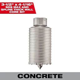 SDS-MAX and SPLINE Thick Wall Carbide Tipped Core Bit, 3-1/2", shown with a metal body and pointed tip for concrete drilling.