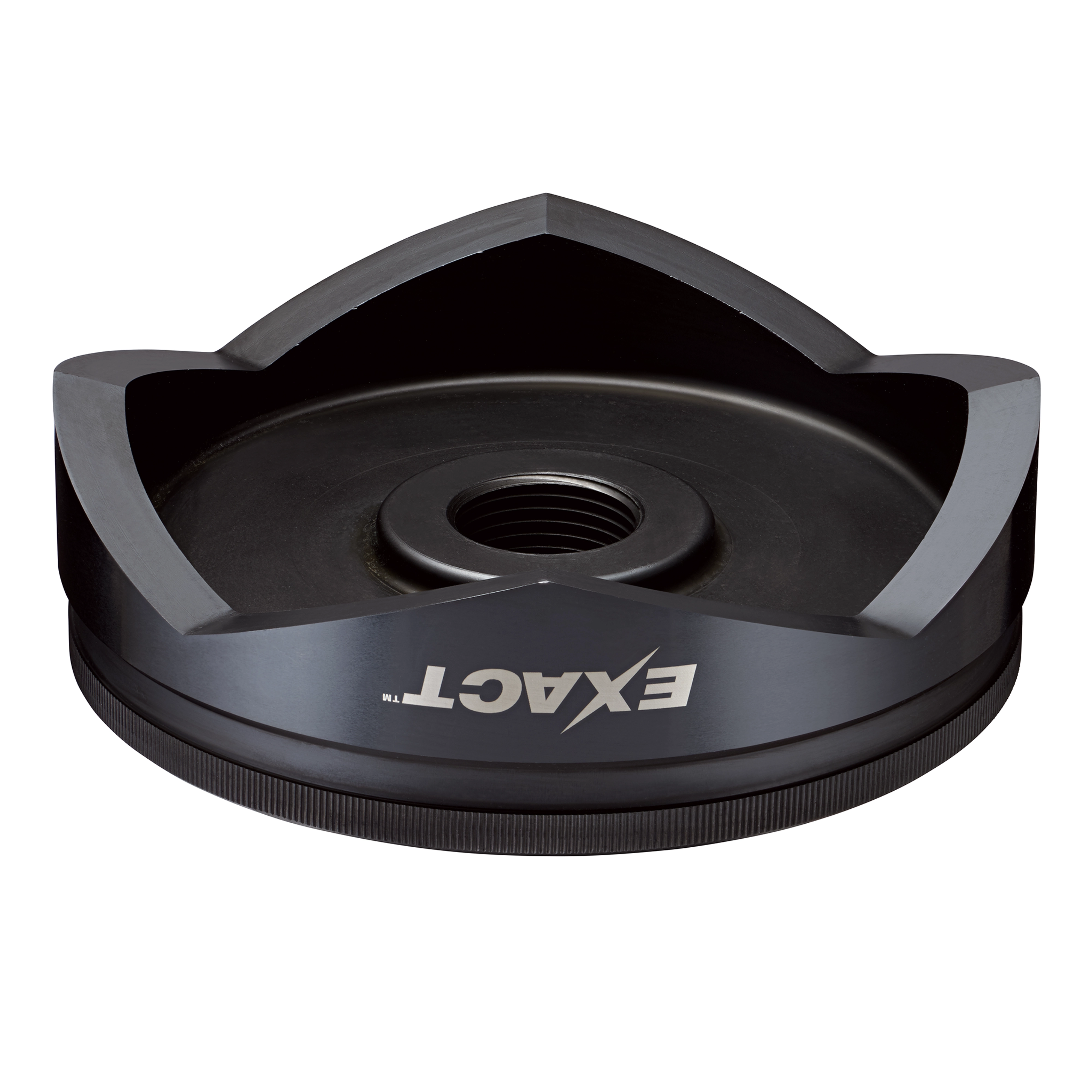 The Exact™ 5" Conduit Knockout Punch features a circular metal design with sharp-edged cutouts for efficient punching. It has a central threaded hole for attachment and the Exact™ logo on its side. Suitable for electrical conduit installations.