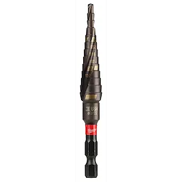 The Impact Step Drill Bit features a multi-diameter design for drilling various hole sizes. It displays measurements from 3/16 to 1/2 inches and is marked with a red-colored brand label on the shank. The bit is constructed with durable materials and is suitable for heavy-duty drilling tasks.