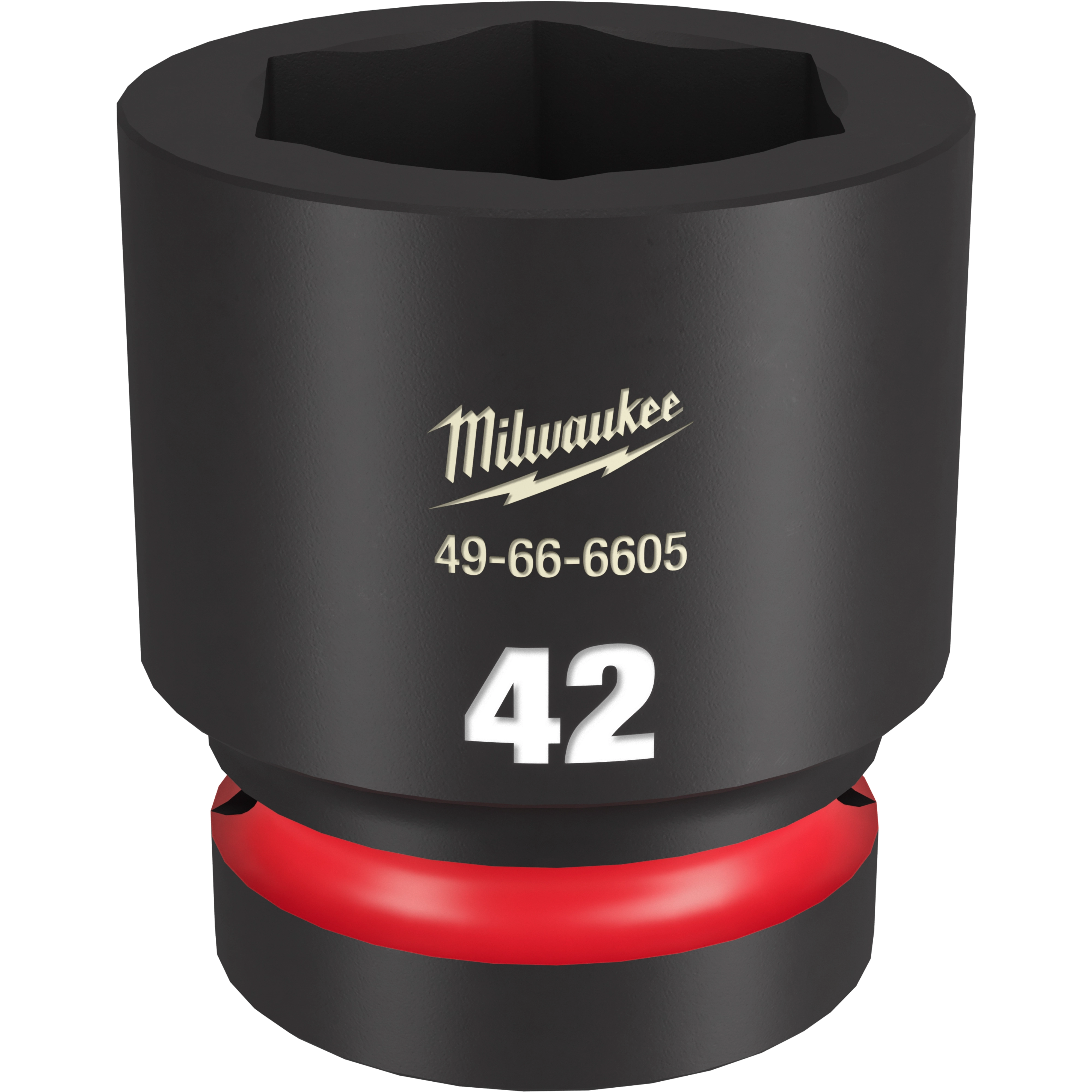 Milwaukee 1" DR 42MM STD Impact Socket, model number 49-66-6605, featuring a black finish and red ring at the bottom.