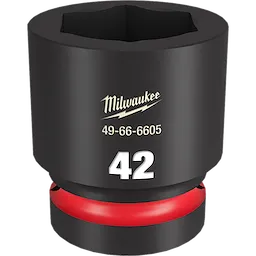 Milwaukee 1" DR 42MM STD Impact Socket, model number 49-66-6605, featuring a black finish and red ring at the bottom.