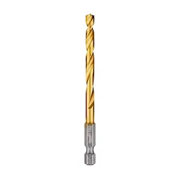 The Red Helix Titanium Impact Drill Bit is a golden, twisted drill bit with a silver hex shank. It is designed for increased durability and precision in impact driver applications.