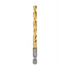 The Red Helix Titanium Impact Drill Bit is a golden, twisted drill bit with a silver hex shank. It is designed for increased durability and precision in impact driver applications.