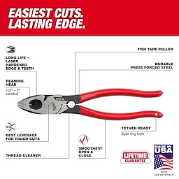 9" Lineman's Dipped Grip Pliers w/ Thread Cleaner (USA)