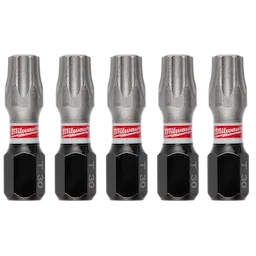 This image shows five SHOCKWAVE™ 1" Impact TORX® T30 Insert Bits (5 PK) aligned vertically. The bits have a hexagonal base with a black finish labeled "T30" and a silver, grooved tip for TORX screws.