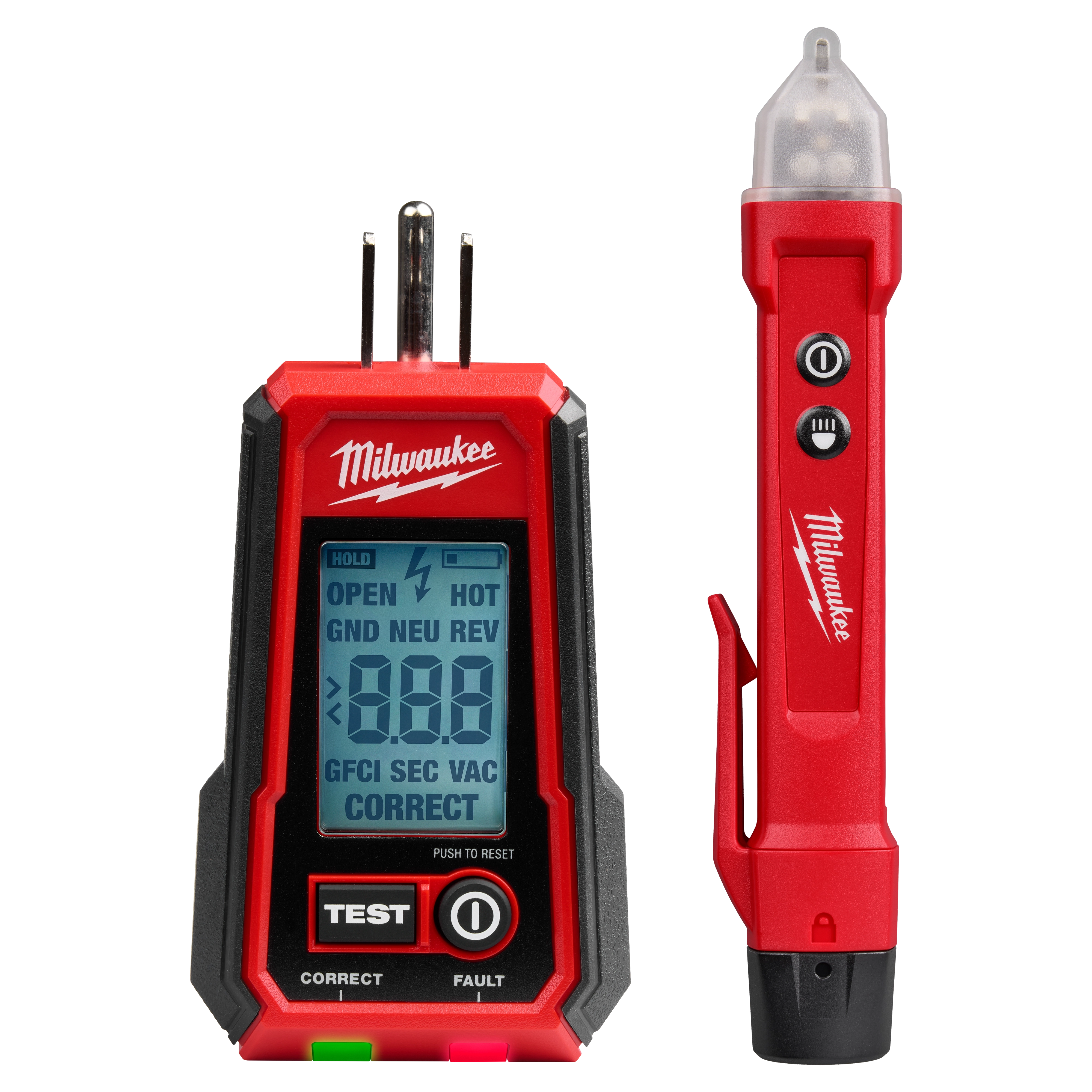 Digital GFCI Receptacle Tester and Voltage Detector with LED, featuring a red and black design, digital display, and test buttons.