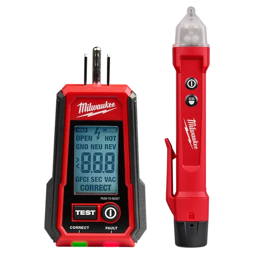 Digital GFCI Receptacle Tester and Voltage Detector with LED, featuring a red and black design, digital display, and test buttons.