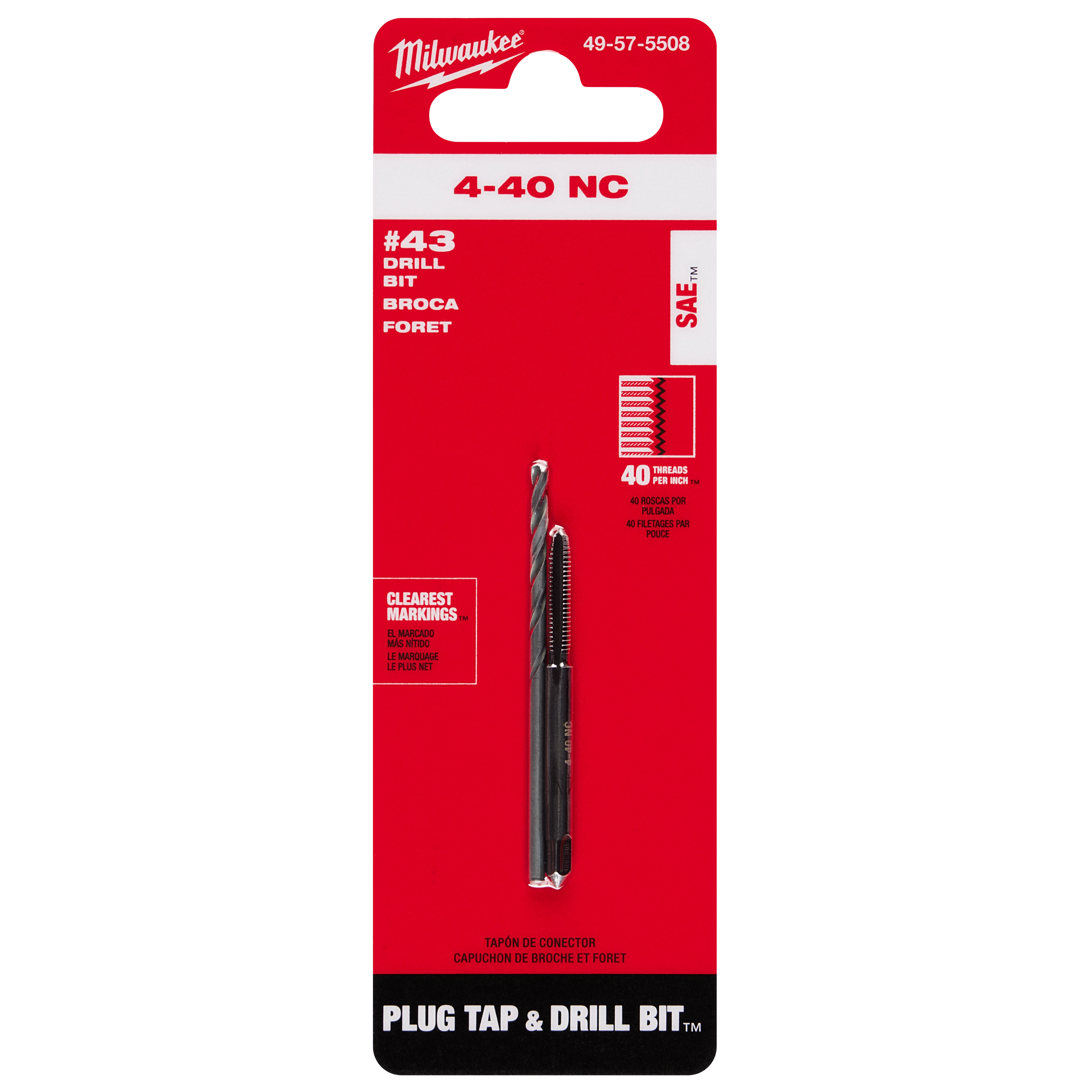 4-40 Straight Flute Plug Tap & #43 Drill Bit in packaging, with clear markings and 40 threads per inch, displayed on a red background.