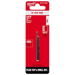 4-40 Straight Flute Plug Tap & #43 Drill Bit in packaging, with clear markings and 40 threads per inch, displayed on a red background.