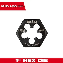 M12-1.50 mm 1-Inch Hex Threading Die made of black metal with labeled sides and central threading holes.