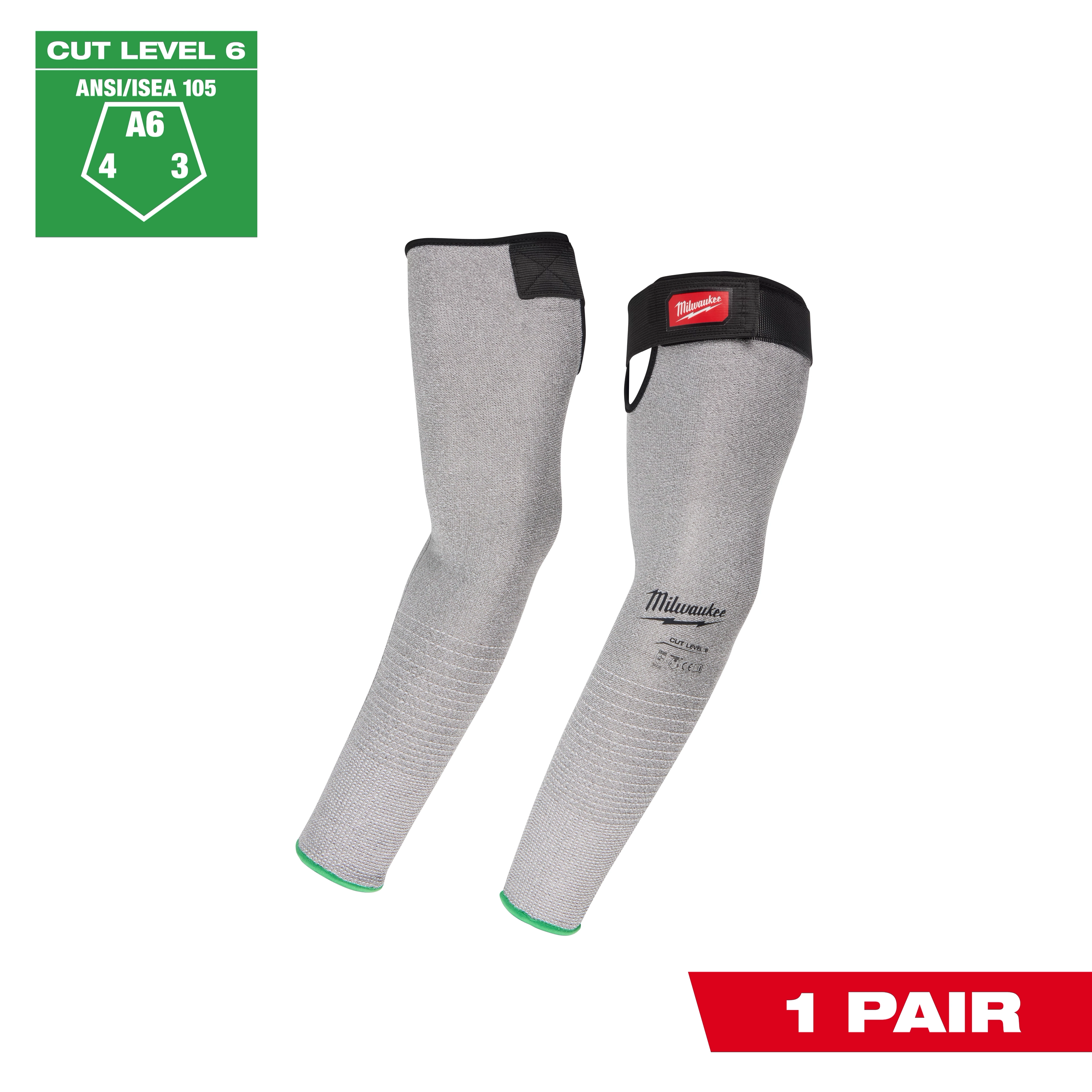 Cut Level 6 Protective Sleeves - 16" shown as a gray pair of arm sleeves with black cuffs and green-trimmed openings.