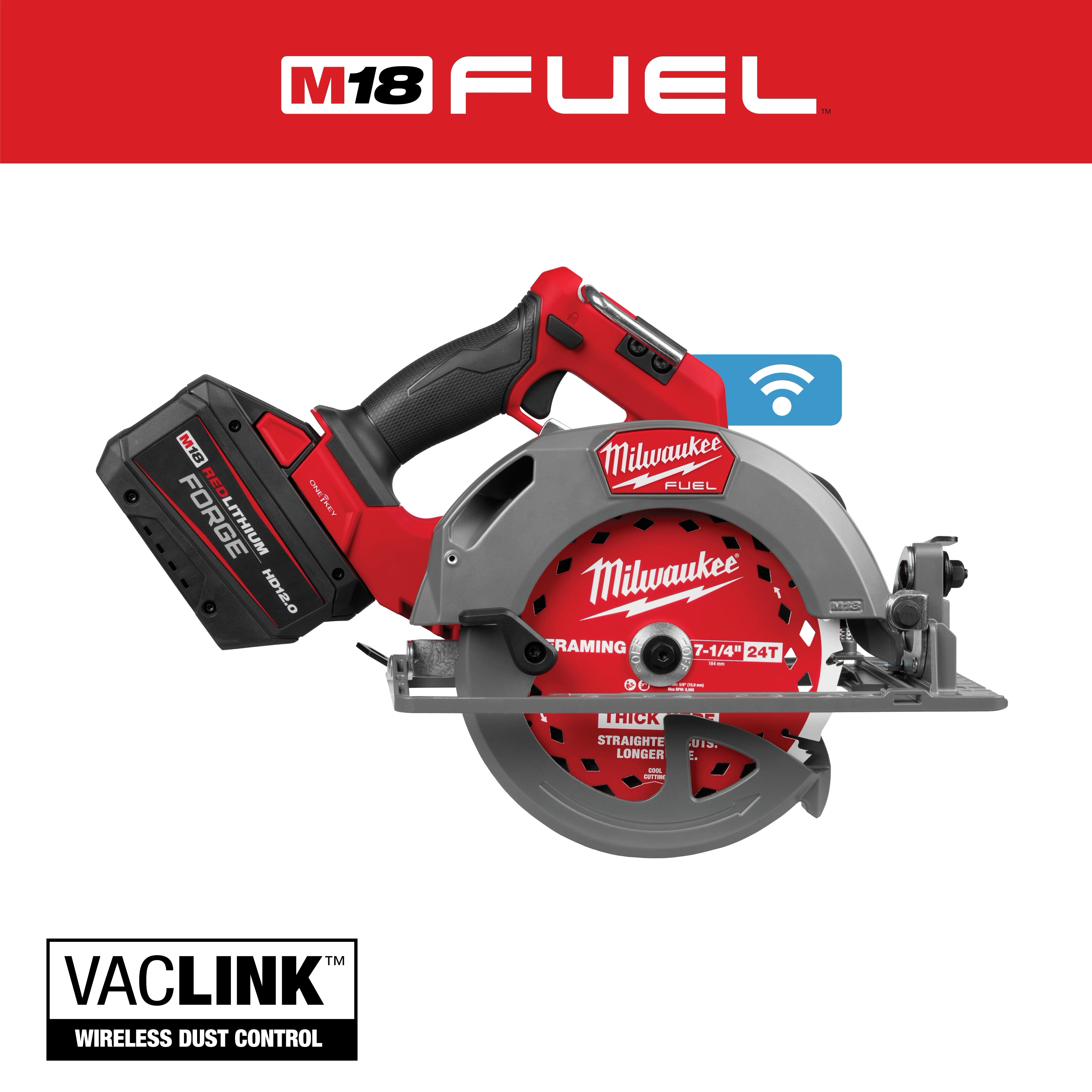 The M18 FUEL™ 7-1/4" Circular Saw w/ ONE-KEY™ is a red and black power tool featuring a metal blade guard and ergonomic handle. It includes wireless dust control (VACLINK™) and Bluetooth connectivity, indicated by the icon.