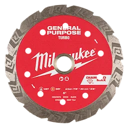 Image of a 5" DIAMOND MAX™ Turbo, General Purpose Diamond Blade by Milwaukee. The red circular blade has "General Purpose Turbo" and "Milwaukee" text, along with "DIAMOND MAX" branding. It features perforated segments, suitable for cutting concrete, brick, block, stone, and roof tile.