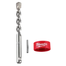 Image of the SDS Max One-Piece Core Bit Centering Bit Kit. The kit includes a large spiraled drill bit, a smaller cylindrical rod, and a red ring with the "Milwaukee" logo on it. The components are displayed side by side.