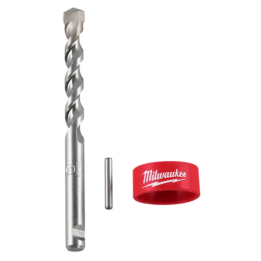 Image of the SDS Max One-Piece Core Bit Centering Bit Kit. The kit includes a large spiraled drill bit, a smaller cylindrical rod, and a red ring with the "Milwaukee" logo on it. The components are displayed side by side.