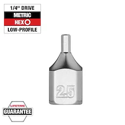 1/4" Drive 2.5mm Low-Profile Hex Bit Socket. The silver socket has a 2.5 engraved on the front. Features lifetime guarantee.
