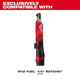 The image features the M12 FUEL™ ¼” Ratchet Protective Boot. The ratchet has a red and black design with a label indicating it is exclusively compatible with the boot. Model number 3052 is displayed below.
