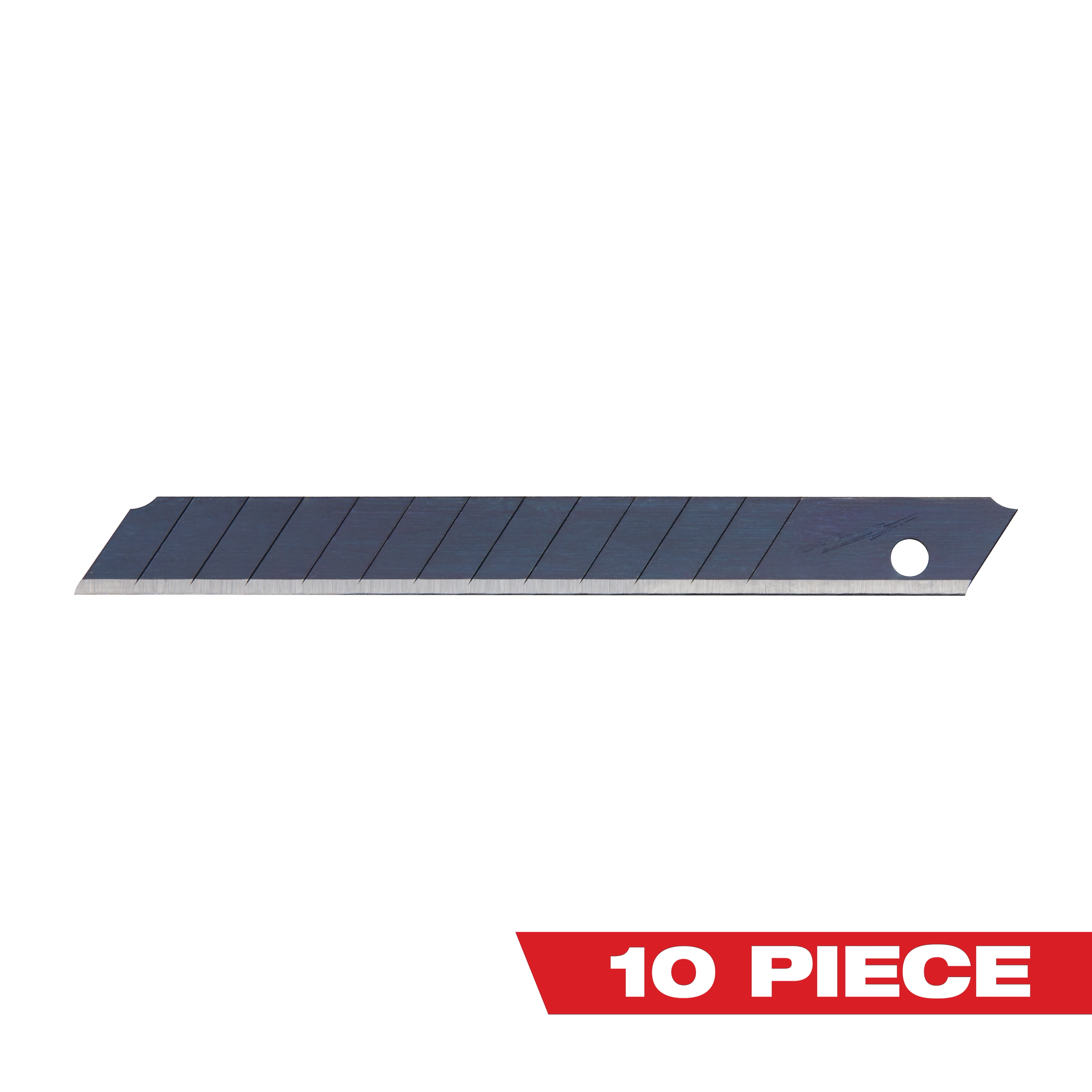 10-piece Milwaukee snap-off utility knife blades, each with segmented, break-off sections and a hole near one end.