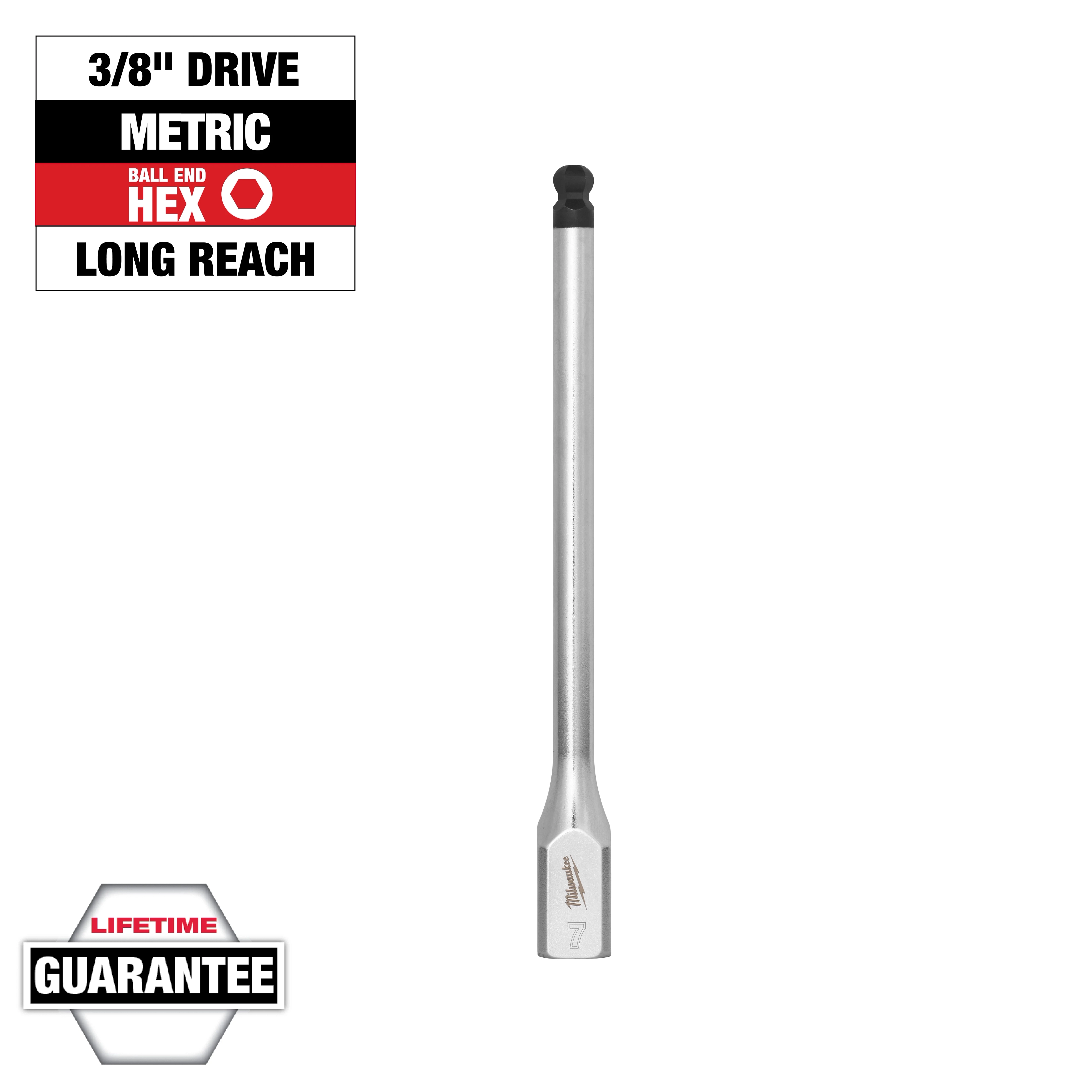 3/8" Drive 7mm Long Ball End Hex Bit Socket made of durable metal. Metric, long reach design with lifetime guarantee.