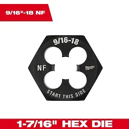 The image displays a 9/16"-18 NF 1-7/16" Hex Threading Die. The black die has a hexagonal shape and holes for threading.