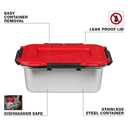 Stainless Steel Container for M18 Jobsite Lunch Warmer with red leak-proof lid, labeled dishwasher safe and stainless steel.