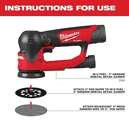 Instructions for using Milwaukee 3-inch Mesh Sanding Discs with POWERGRID Tear Resistant Mesh on M12 FUEL 3-inch Random Orbital Detail Sander.