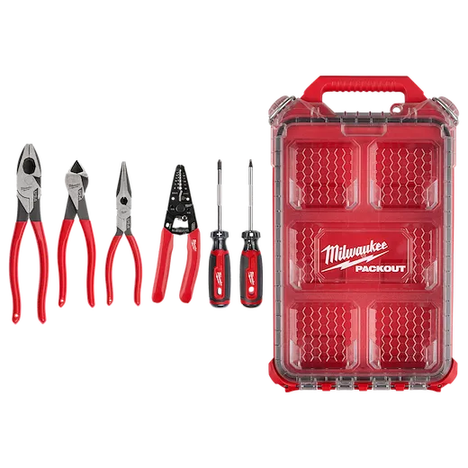 NEW 6 PC. Dipped Grip Pliers, Wire Stripper, & Cushion Grip Screwdrivers Set(USA) w/ PACKOUT™ Low-Profile Compact Organizer