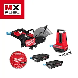 The image shows an MX FUEL™ 14" Cut-Off Saw with RAPIDSTOP™ Brake by Milwaukee, featuring a red and black saw, a Super Charger, two batteries, and a circular cutting blade. The MX FUEL™ logo is displayed in the top left corner. 
