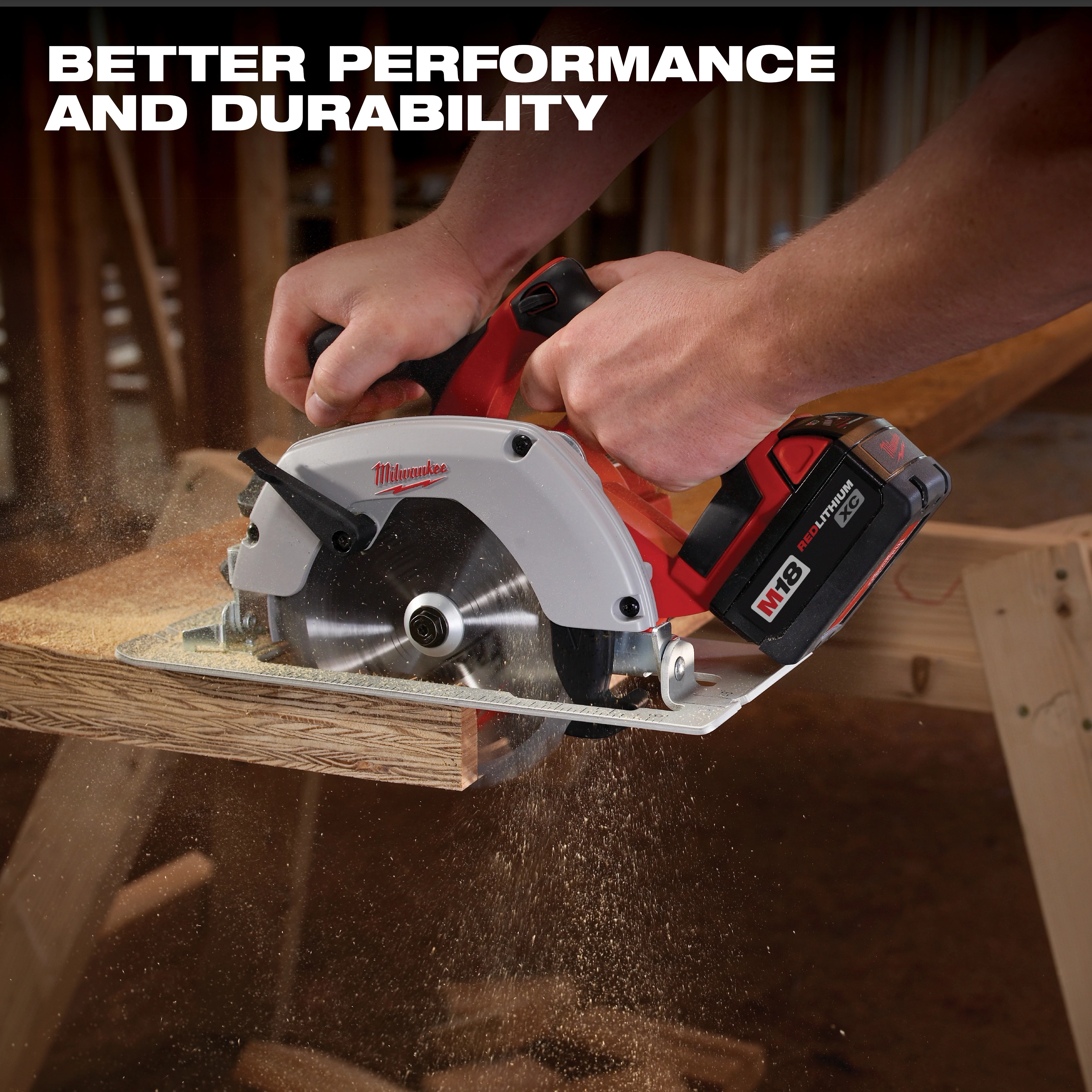 A person uses the Milwaukee M18 cordless circular saw from the M18 9-Tool Combo Kit on a wooden plank. The image highlights the saw's performance and durability with visible wood dust. Text at the top reads, "Better Performance and Durability."