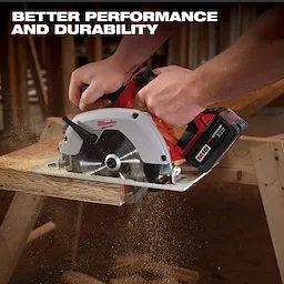 A person uses the Milwaukee M18 cordless circular saw from the M18 9-Tool Combo Kit on a wooden plank. The image highlights the saw's performance and durability with visible wood dust. Text at the top reads, "Better Performance and Durability."
