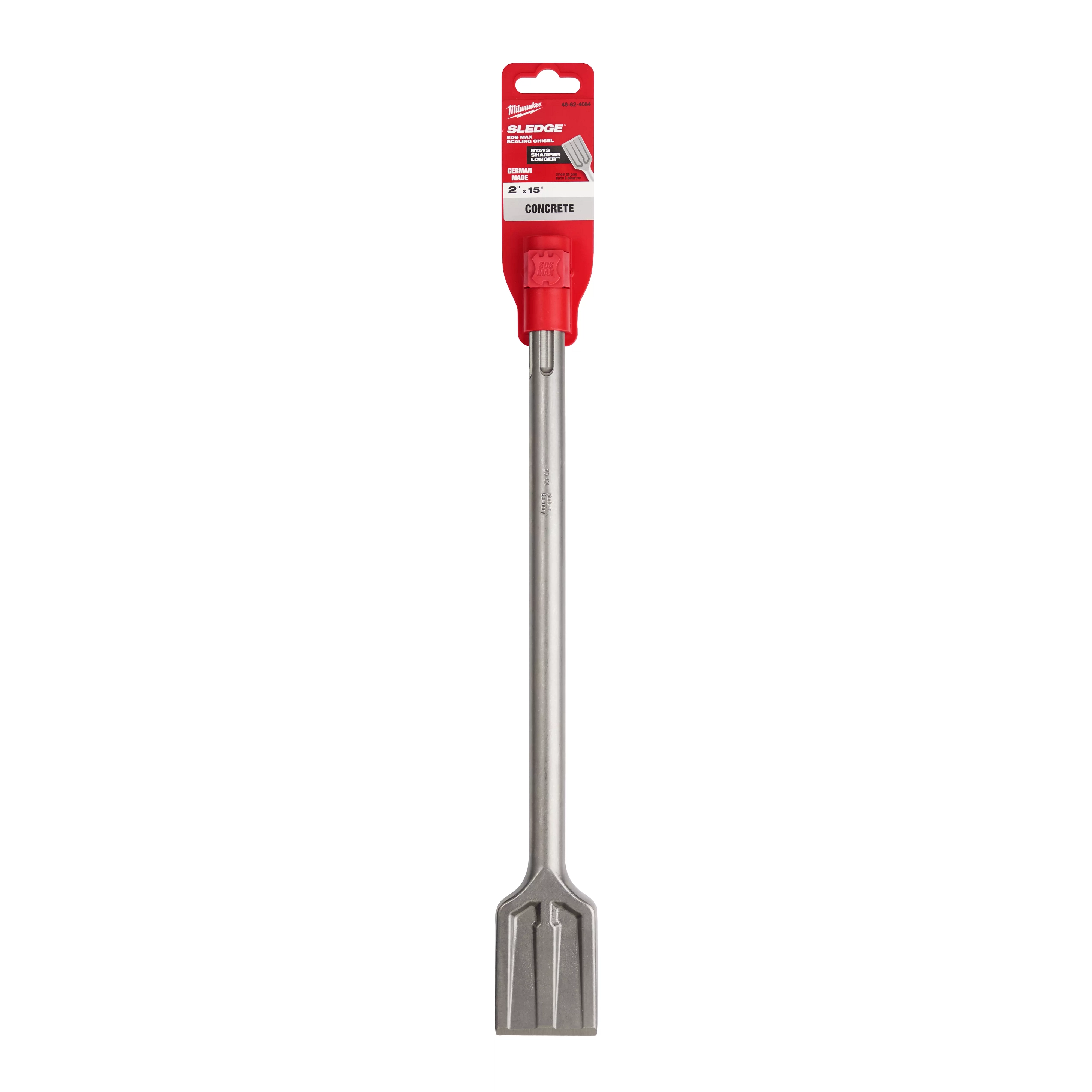 SDS-MAX SLEDGE 2" Scaling Chisel with a long, silver shaft and a flat, chisel head, with a red and white packaging label.