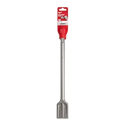 SDS-MAX SLEDGE 2" Scaling Chisel with a long, silver shaft and a flat, chisel head, with a red and white packaging label.