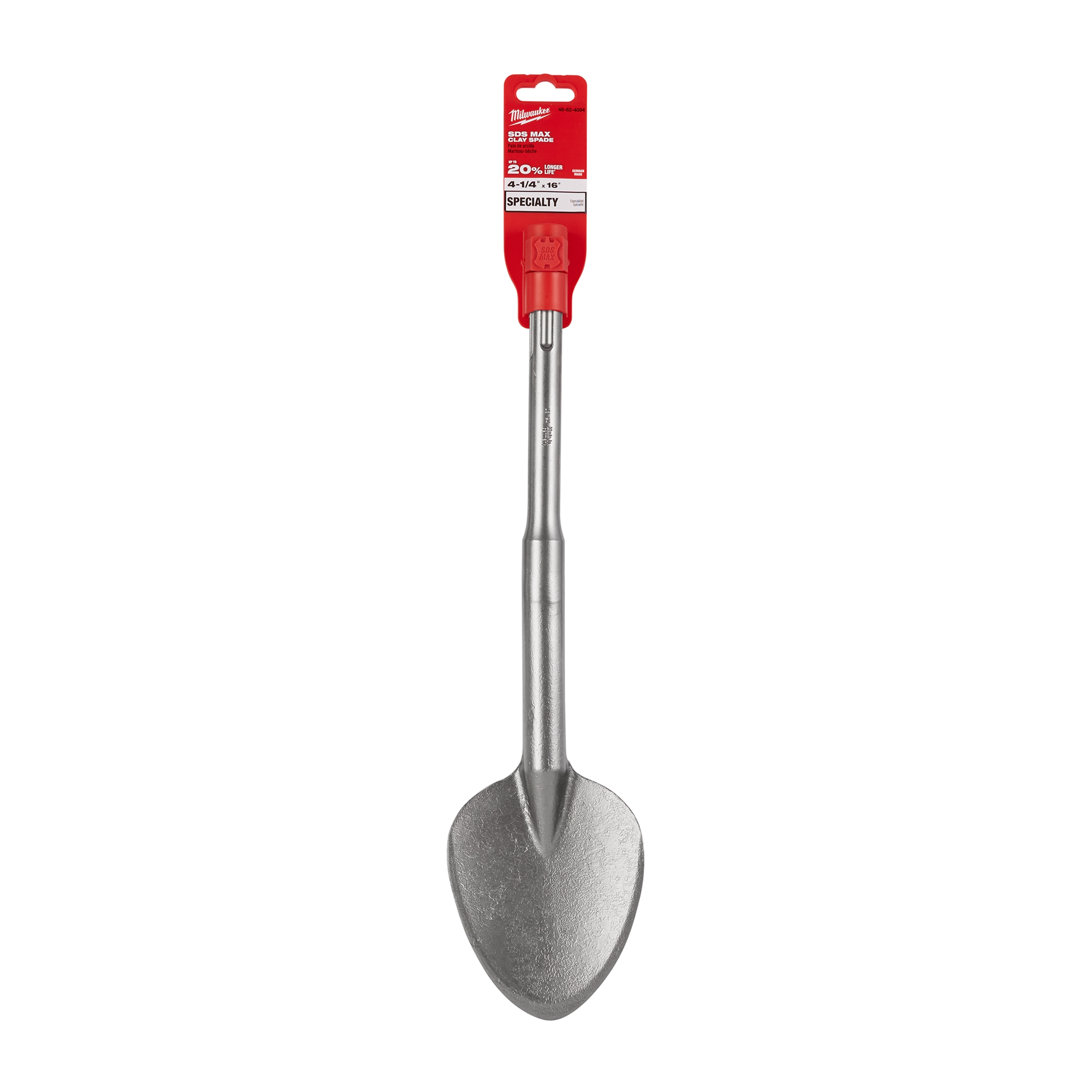 SDSMAX 4.25" X 16" Clay Spade with a metal blade and a long shaft, designed for heavy-duty digging and trenching.