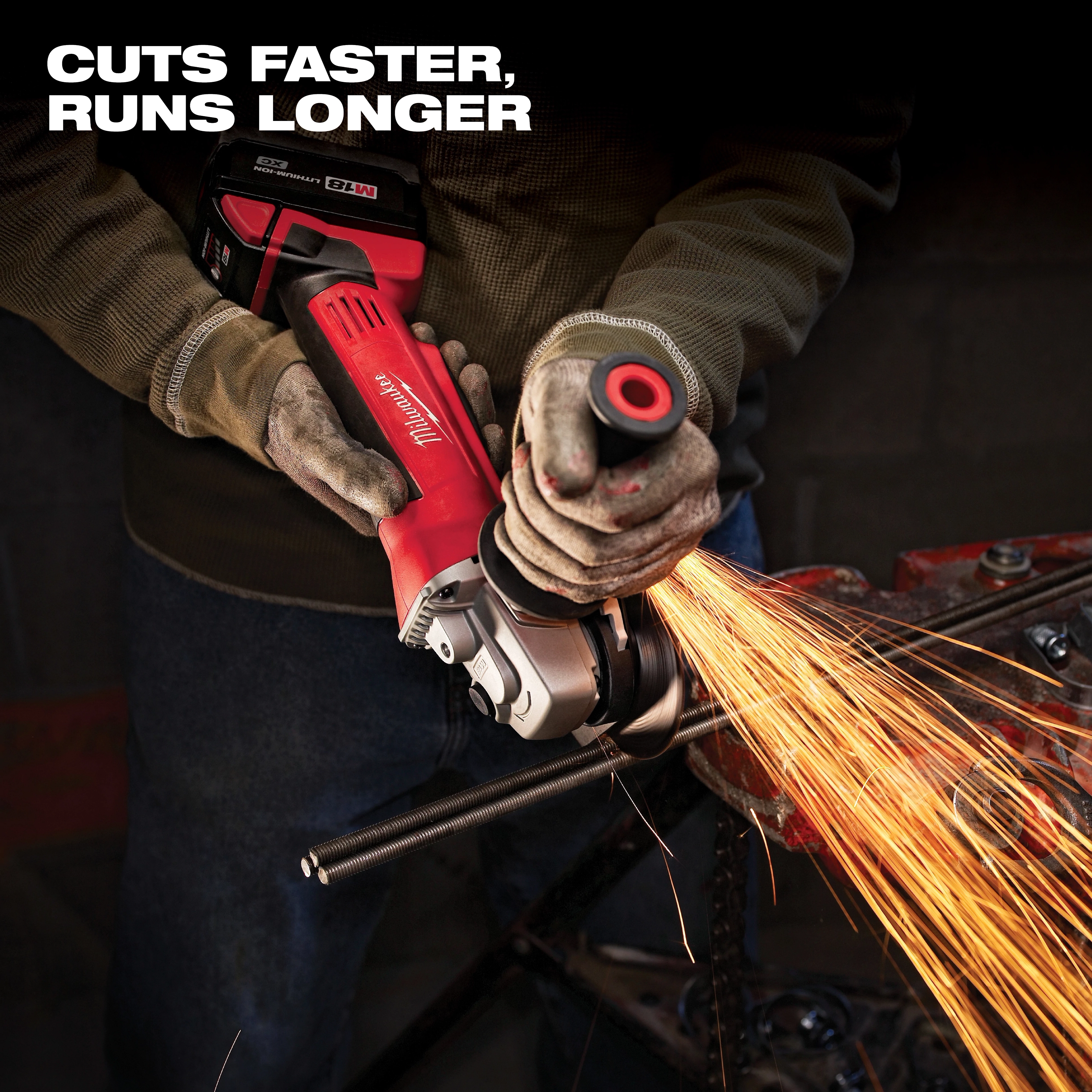 A person uses a cordless grinder from the M18 Cordless 6-Tool Combo Kit. The tool is identified by its red and black color scheme. The caption reads "CUTS FASTER, RUNS LONGER" in white text at the top.