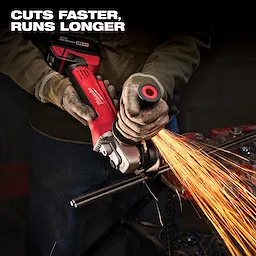 A person uses a cordless grinder from the M18 Cordless 6-Tool Combo Kit. The tool is identified by its red and black color scheme. The caption reads "CUTS FASTER, RUNS LONGER" in white text at the top.