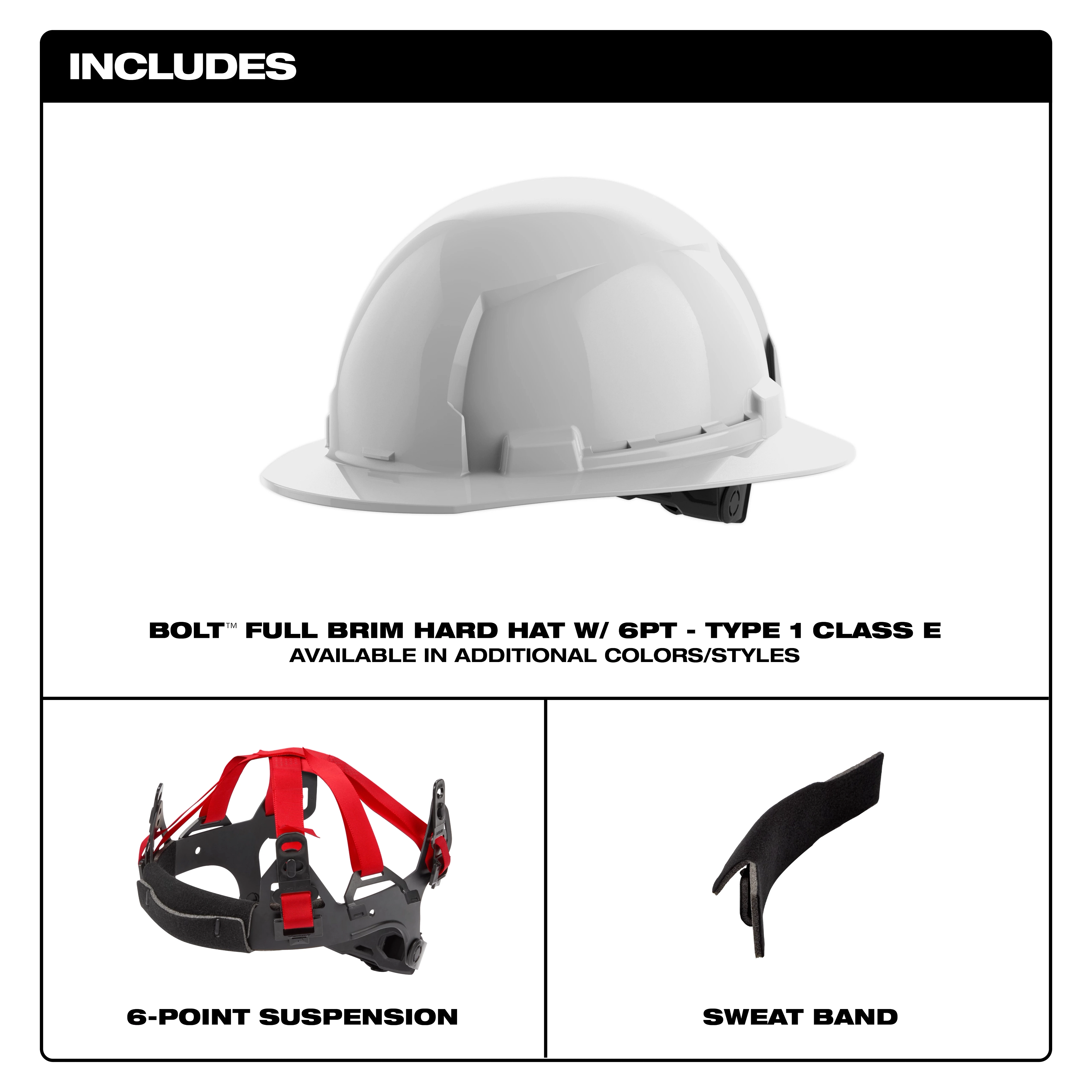 BOLT White Full Brim Hard Hat with 6-point ratcheting suspension and sweat band. Type 1, Class E. Features include a full brim for protection and a comfortable suspension system.