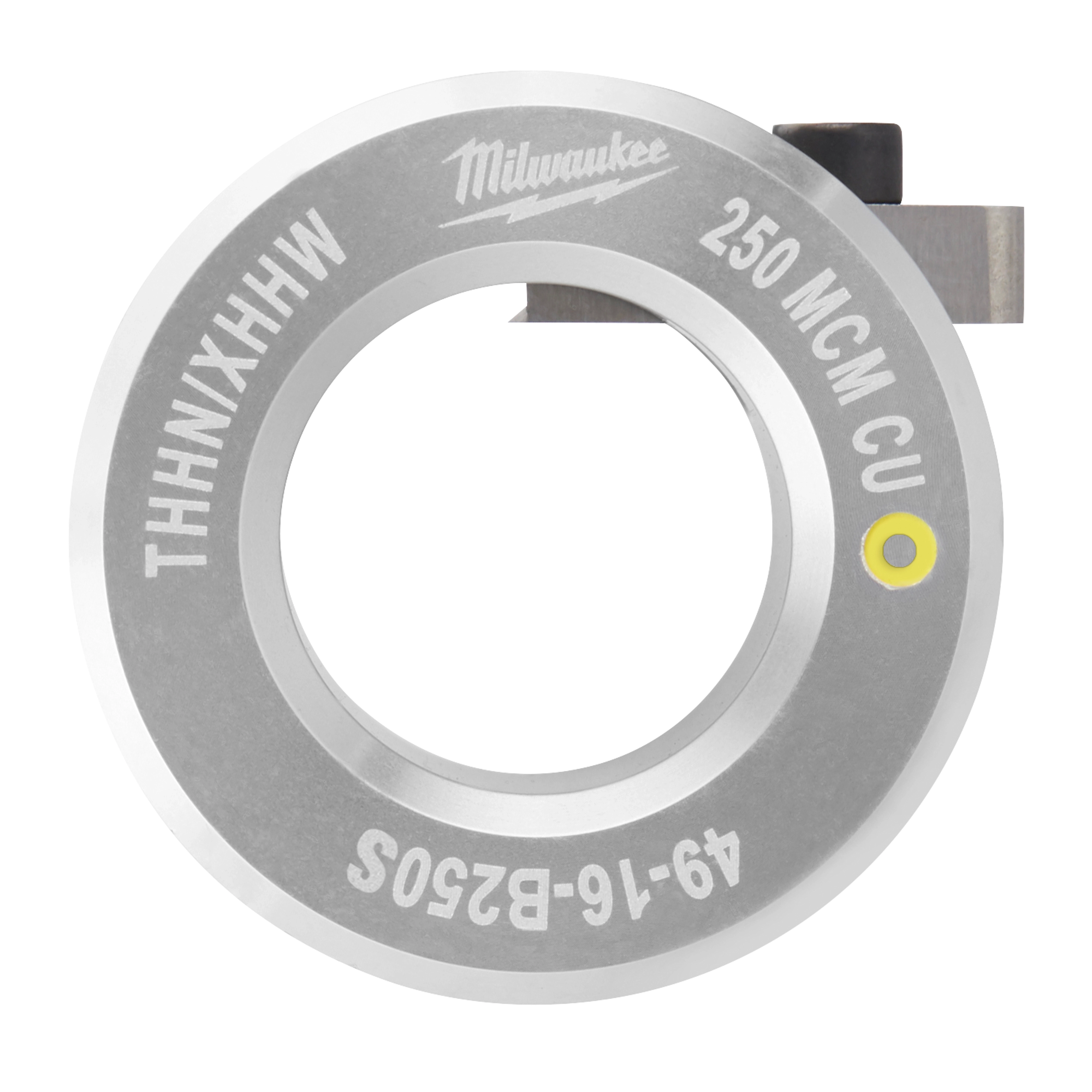 Milwaukee 250 MCM CU metal ring die with engraved text and small side attachment.