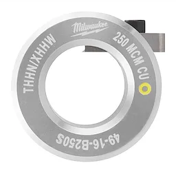 Milwaukee 250 MCM CU metal ring die with engraved text and small side attachment.