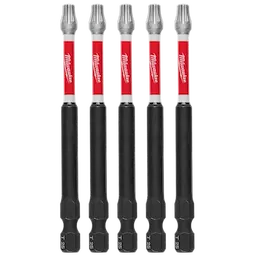 Image of five SHOCKWAVE™ 3-1/2" Impact TORX® T25 Power Bits (5 PK) standing upright. Each bit has a red and silver section with the Milwaukee logo and a black hexagonal base labeled T25.