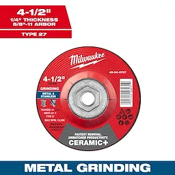 4-1/2" x 1/4" x 5/8"-11 Ceramic+ Metal Grinding Wheel - Type 27 for grinding metal and stainless steel.