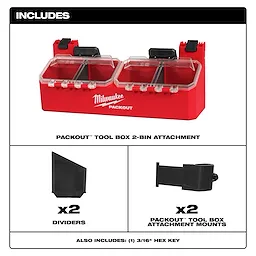 PACKOUT Tool Box 2-Bin Attachment includes a red, dual-compartment box with clear lids, two dividers, two attachment mounts, and a 3/16" hex key.