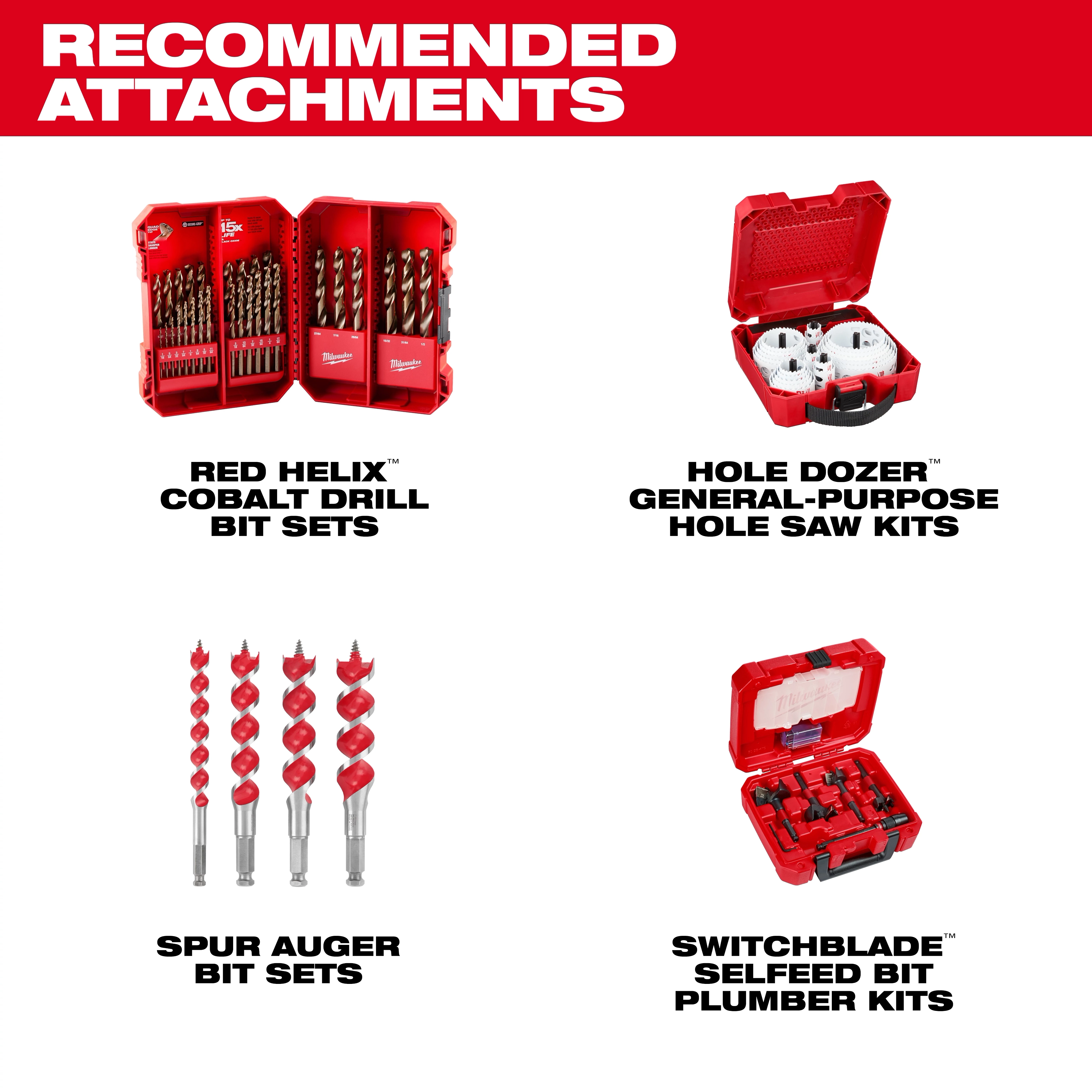 Recommended attachments for M18 FUEL Drills include Red Helix cobalt drill bit sets, Hole Dozer hole saw kits, Spur Auger bit sets, and Switchblade Bit Plumber kits.