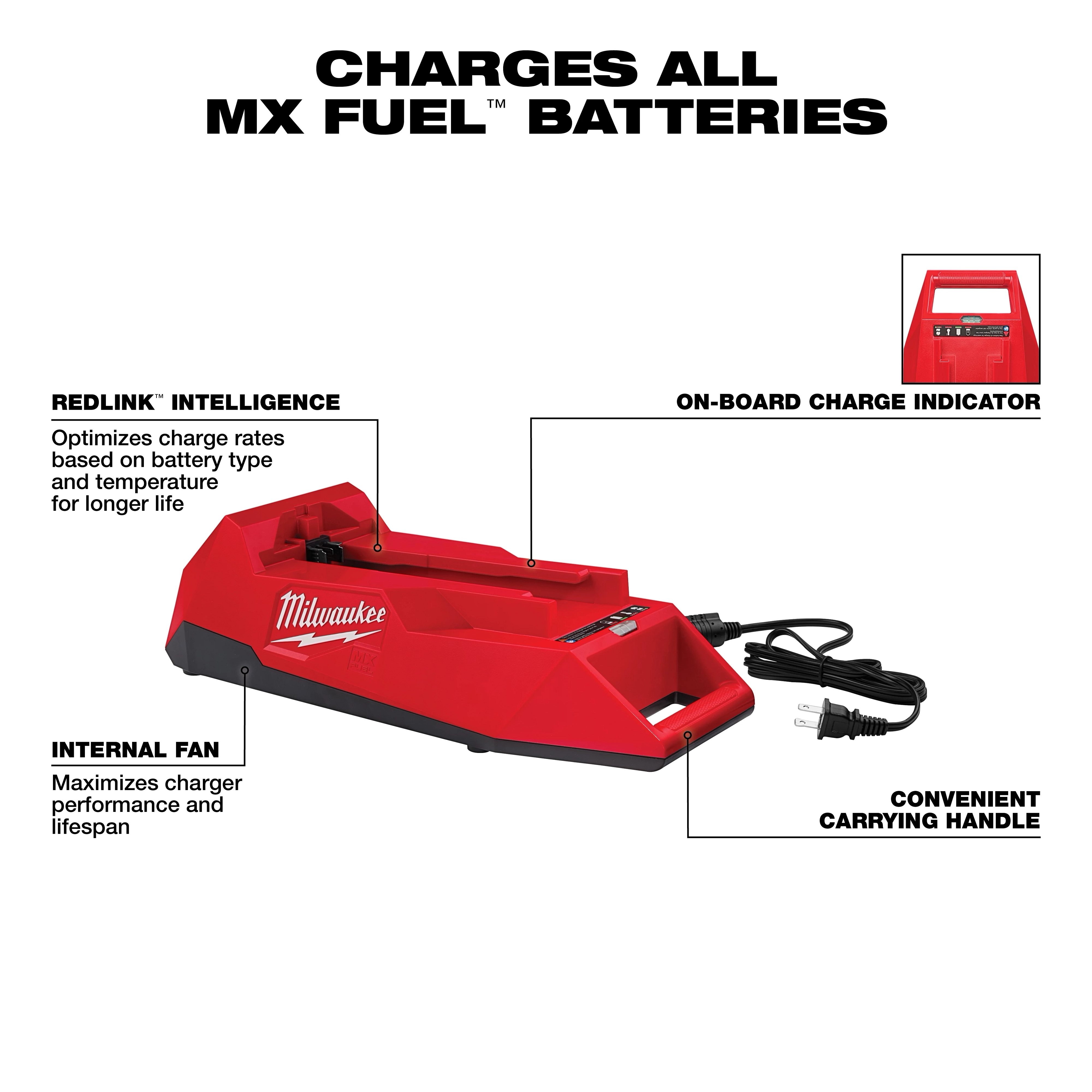 Walkaround red MX Fuel battery charger with on-board charge indicator, internal fan, REDLINK intelligence, and carrying handle.