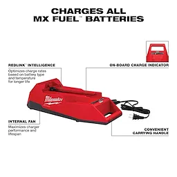 Walkaround red MX Fuel battery charger with on-board charge indicator, internal fan, REDLINK intelligence, and carrying handle.