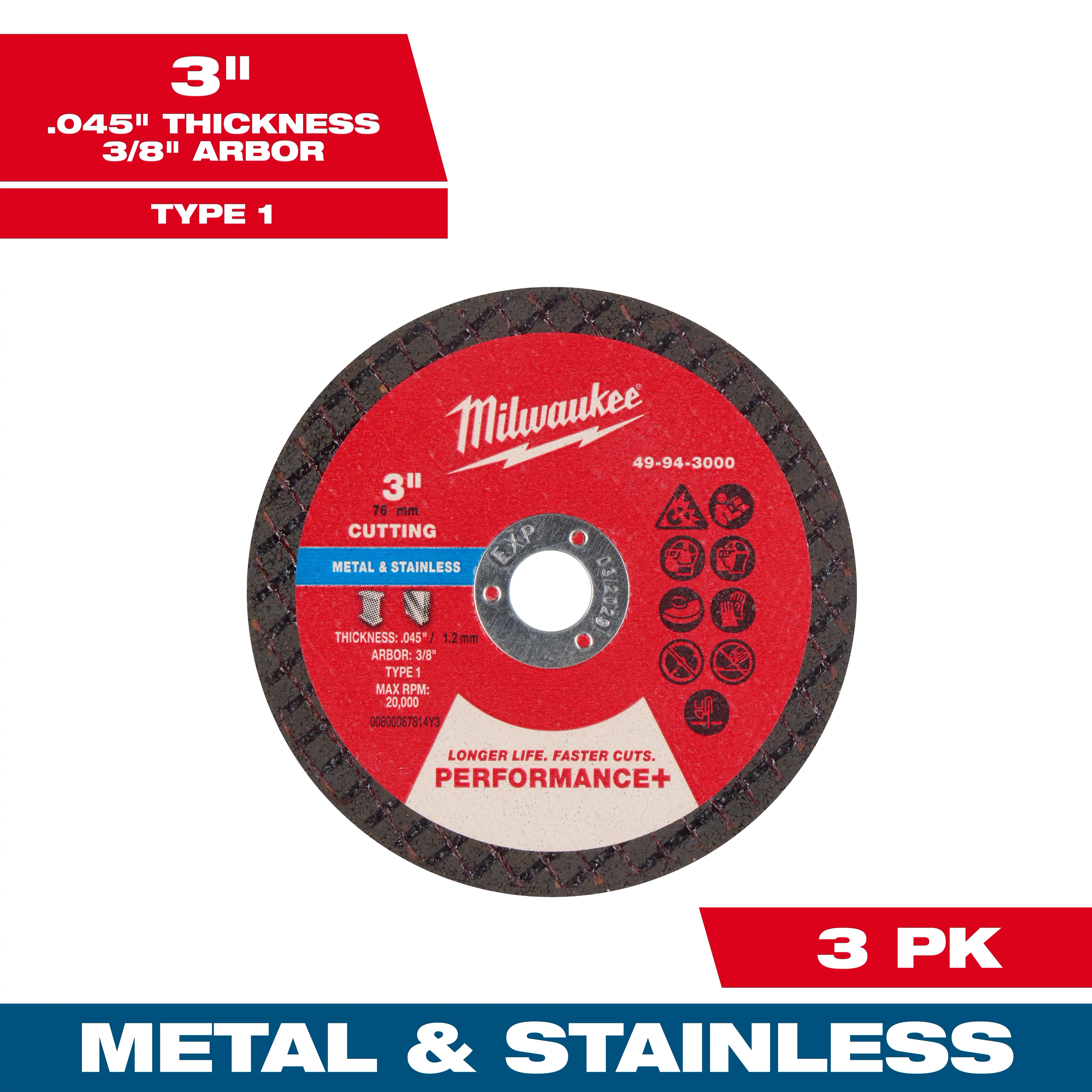 3" x .040" x 3/8" Performance+ Metal Cut Off Wheel - Type 1 - 3pk displayed with metal and stainless text.