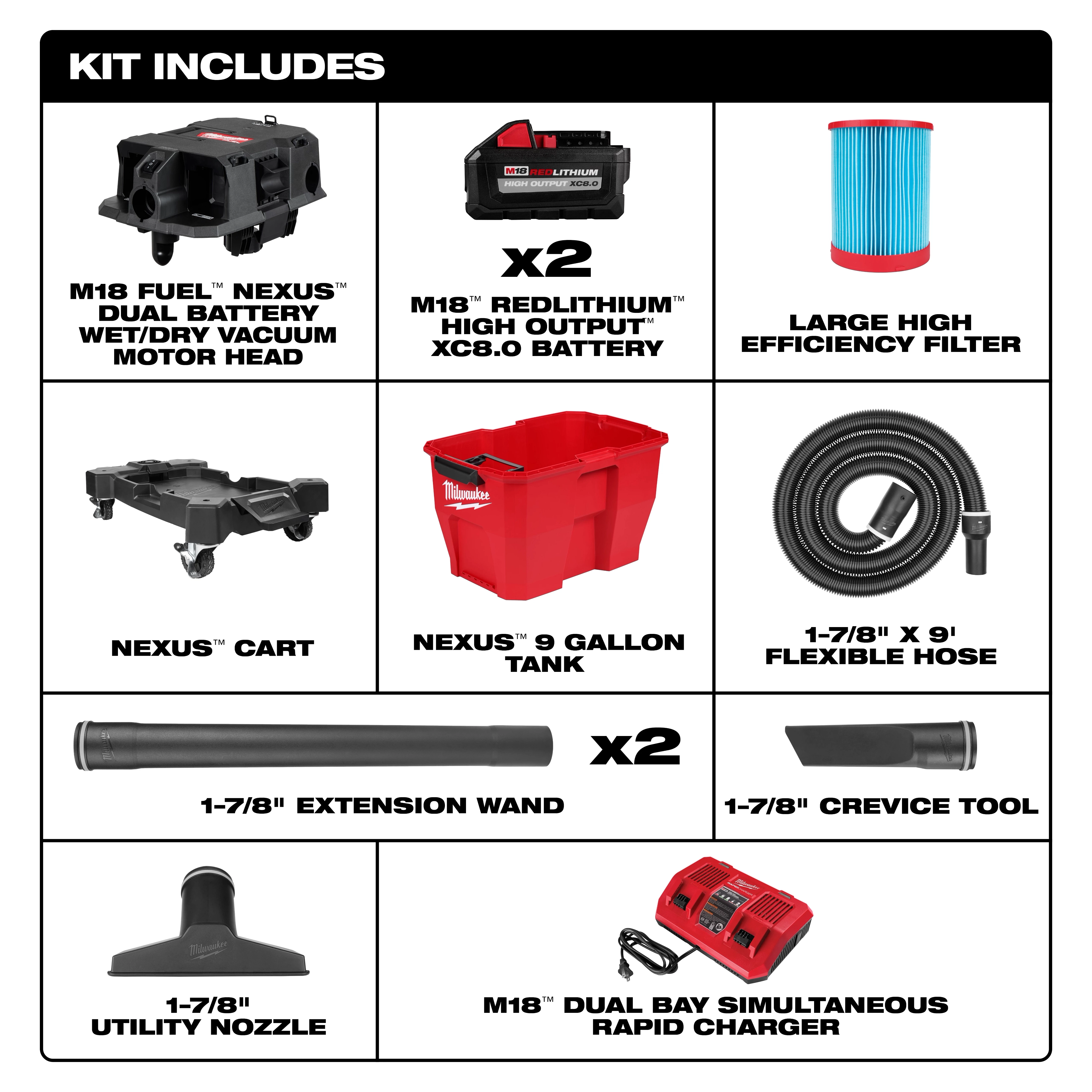 The image shows the kit contents of the M18 FUEL™ NEXUS™ 9 Gallon Dual-Battery Wet/Dry Vacuum. Included are the vacuum motor head, two batteries, a filter, a cart, a 9-gallon tank, a flexible hose, two extension wands, a crevice tool, a utility nozzle, and a rapid charger.