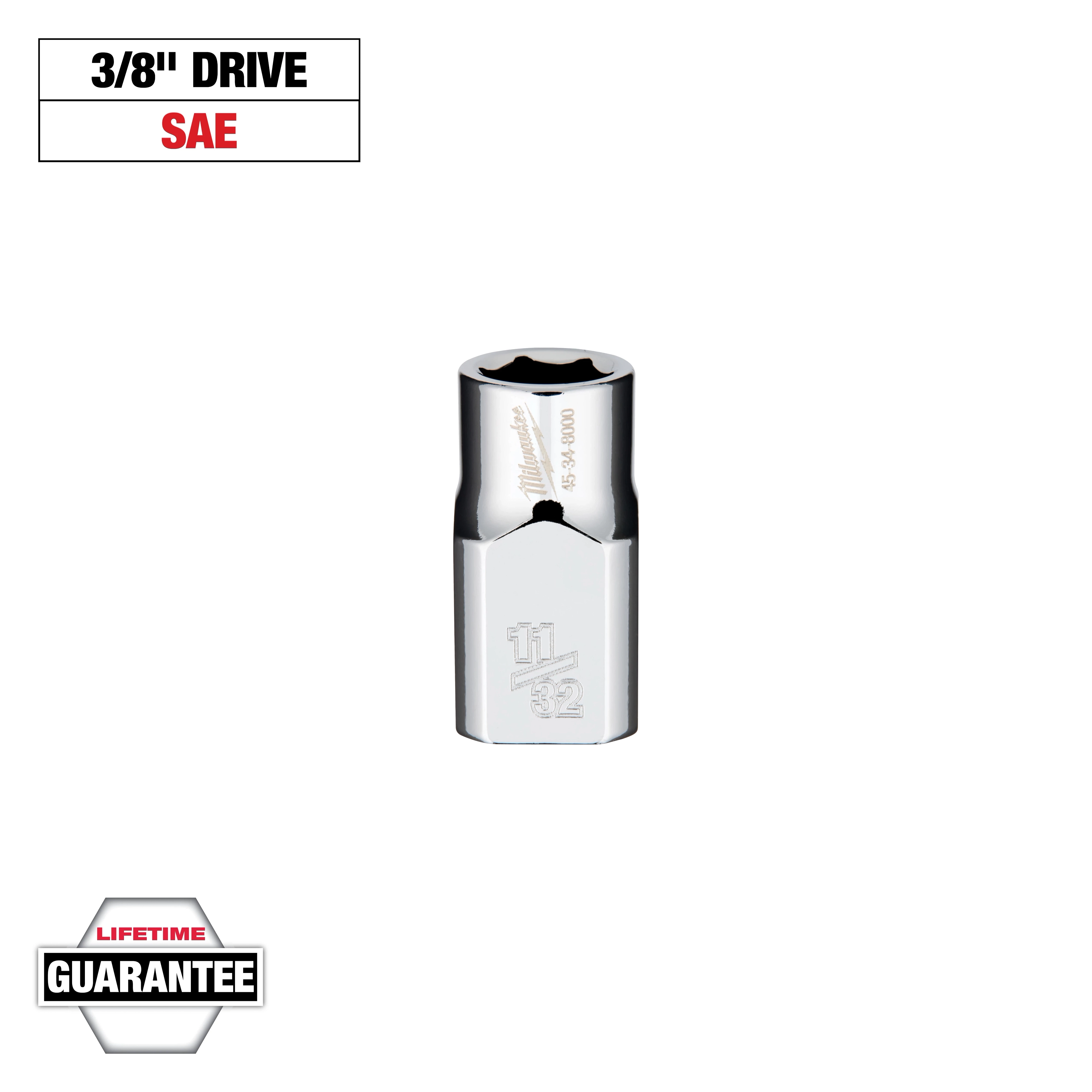 This image shows a 3/8" drive SAE chrome socket with a 11/32" size marking. The socket is from Milwaukee and has a lifetime guarantee badge in the bottom left corner.
