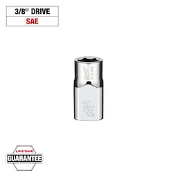 This image shows a 3/8" drive SAE chrome socket with a 11/32" size marking. The socket is from Milwaukee and has a lifetime guarantee badge in the bottom left corner.