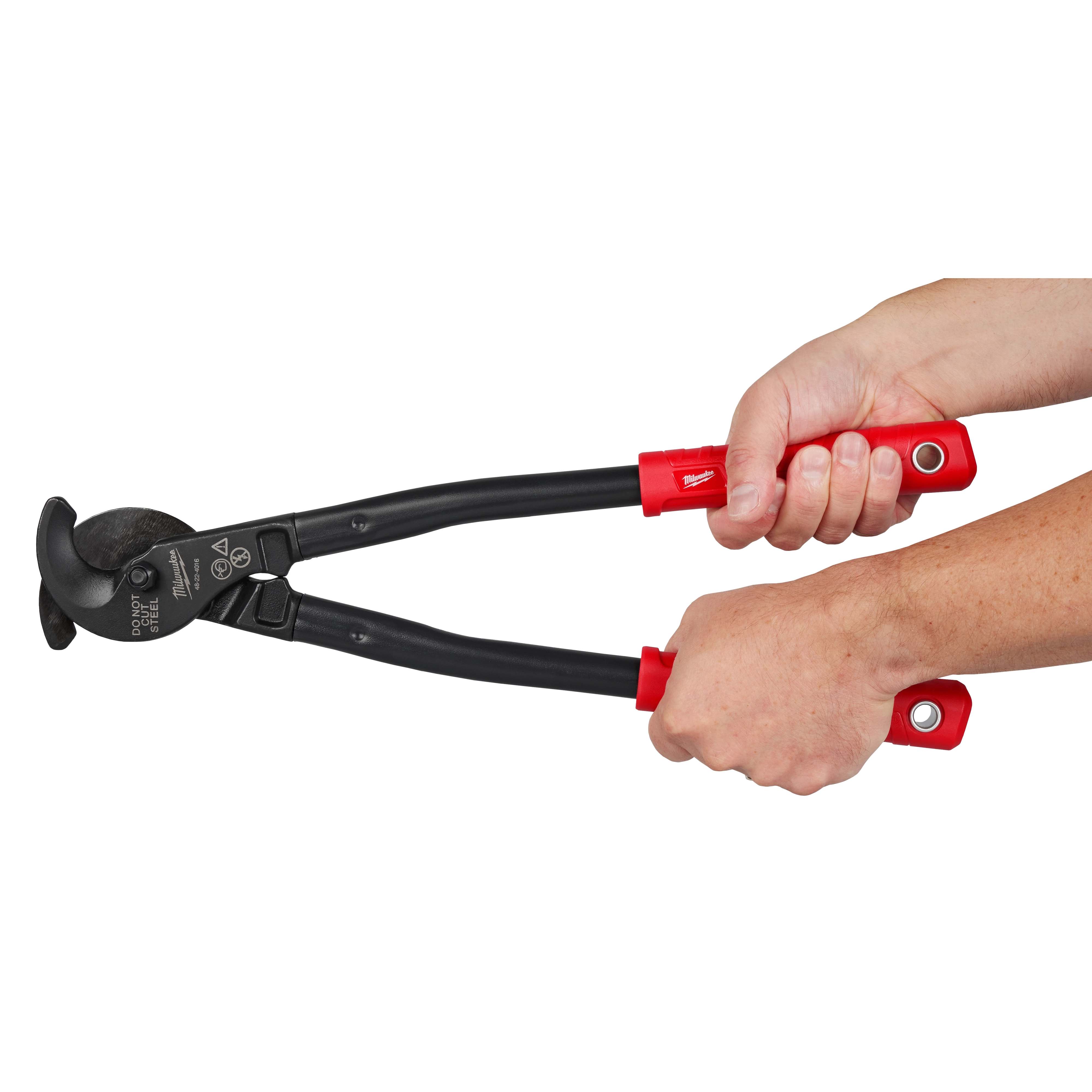 Hands holding a 17%22%20Utility%20Cable%20Cutter with red handles and black metal blades designed for cutting thick cables.