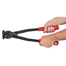Hands holding a 17%22%20Utility%20Cable%20Cutter with red handles and black metal blades designed for cutting thick cables.